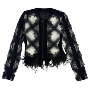 BCBGMAXAZRIA Ostritch Feather Trim Cropped Jacket Black Size XXS
